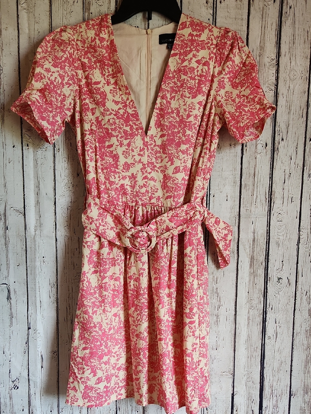 Lucy Paris Pink Floral Mini Dress Cotton V-Neck Belted Pockets XS Cottagecore